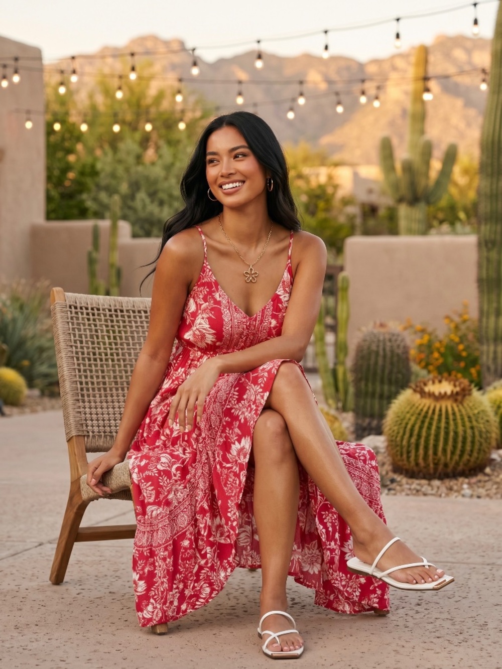 Angie Red Hawaiian Floral Print Hi Lo Midi Dress | V Neck Sleeveless Ruffle Hem - Picture 6 of 6